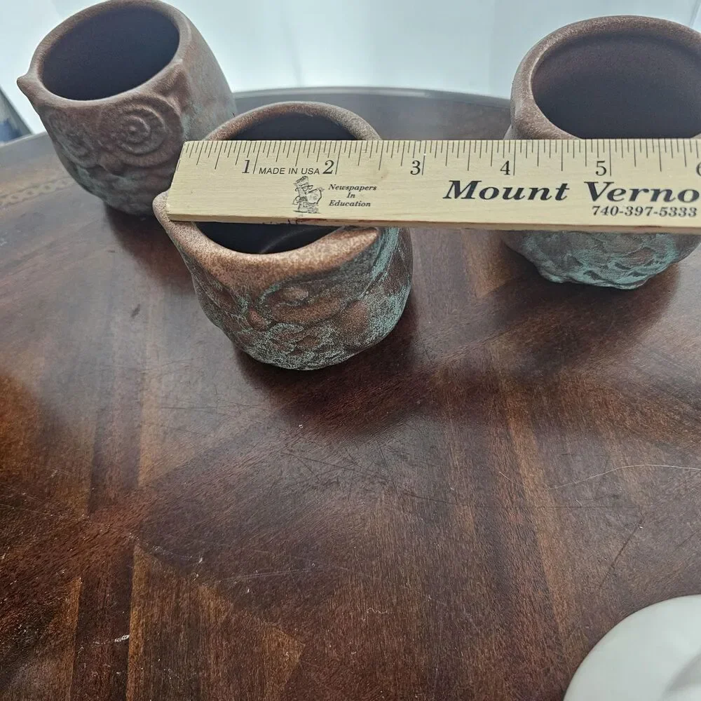 Upcycled Ceramic Owl Trio Rustic Copper Patina Finish Versatile Fall/Halloween